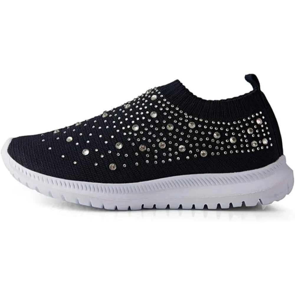 Women's Walking Shoes Rhinestone Glitter Slip On Ballroom Sneakers Dark Blue
